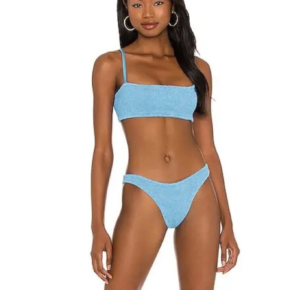 Hunza G Bikini Set Baby Blue Light Sky Crinkle Stretch Swimsuit Swimwear